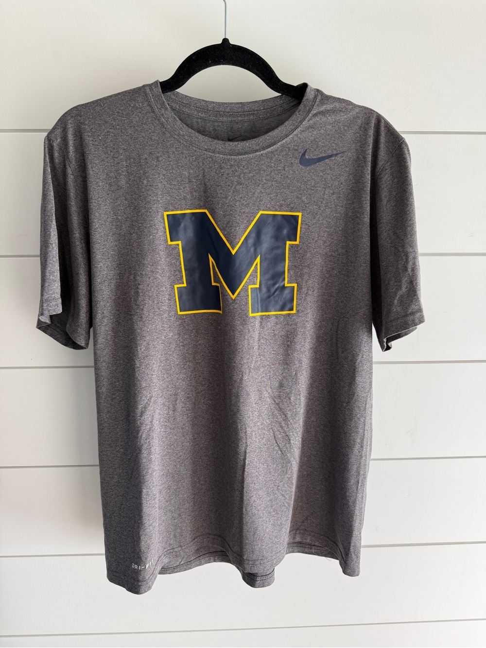 Nike Men’s Gray T-Shirt with Navy and Yellow 'M' Logo